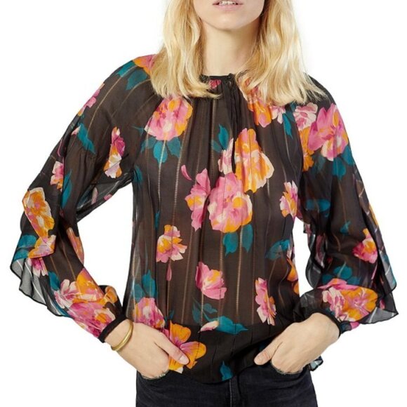 Joie 'Kriston' Floral-Print Semi-Sheer Silk Blouse, Caviar - Picture 1 of 3